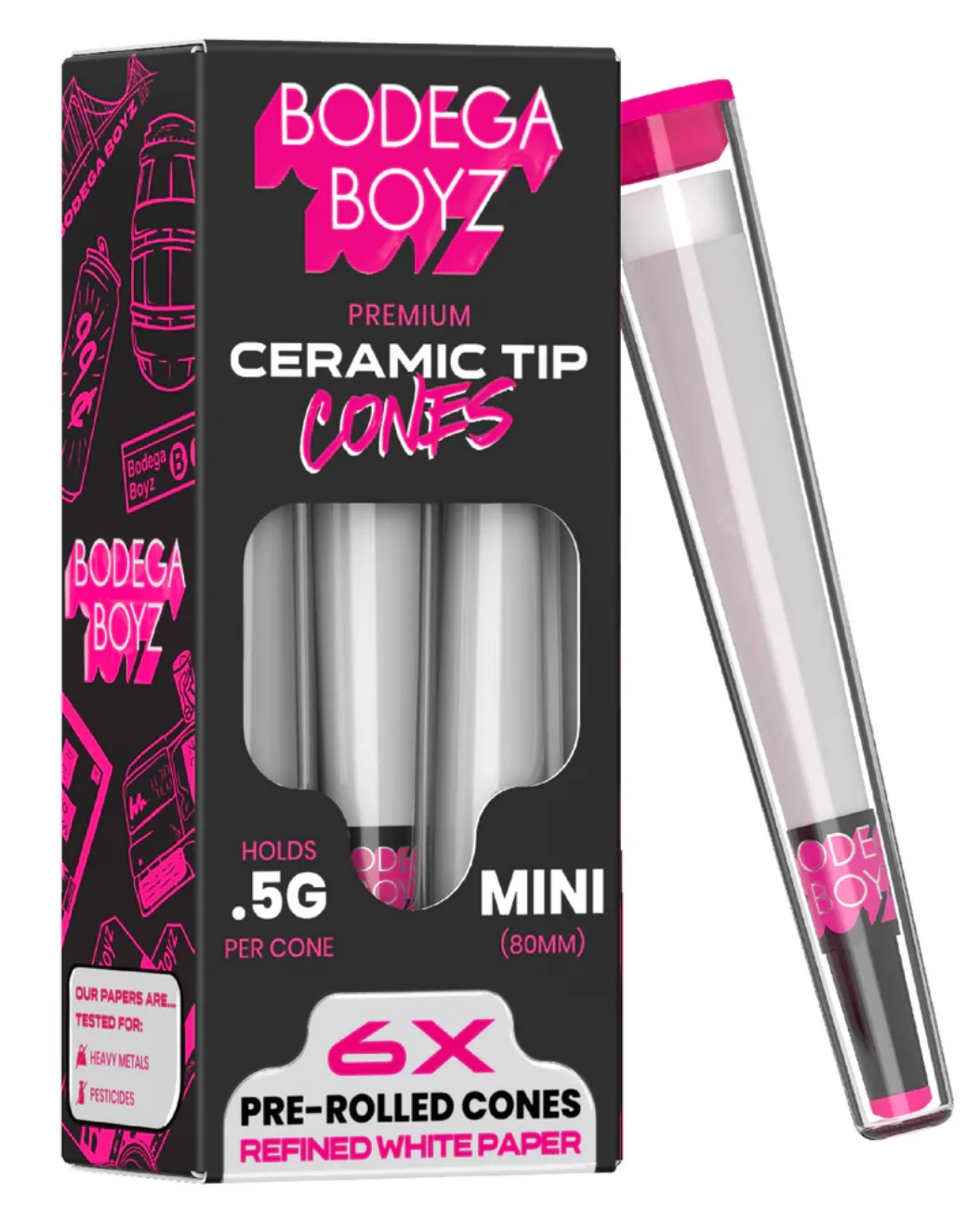 Photograph of product: Bodega Boyz | Premium Ceramic Tip Mini 0.5g Cone 6pk Unrefined Paper