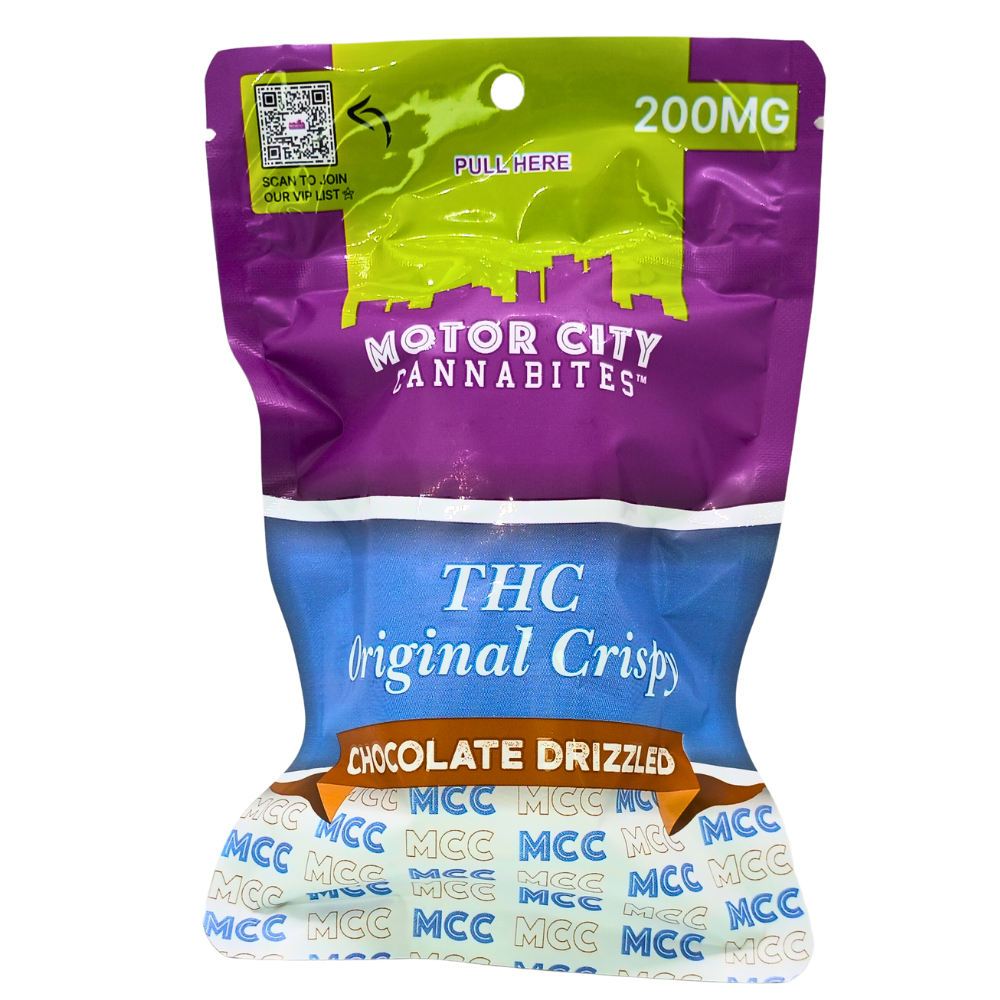 Photograph of product: MOTOR CITY CANNABITES | CHOCOLATE DRIZZLED ORIGINAL CRISPY | 200MG