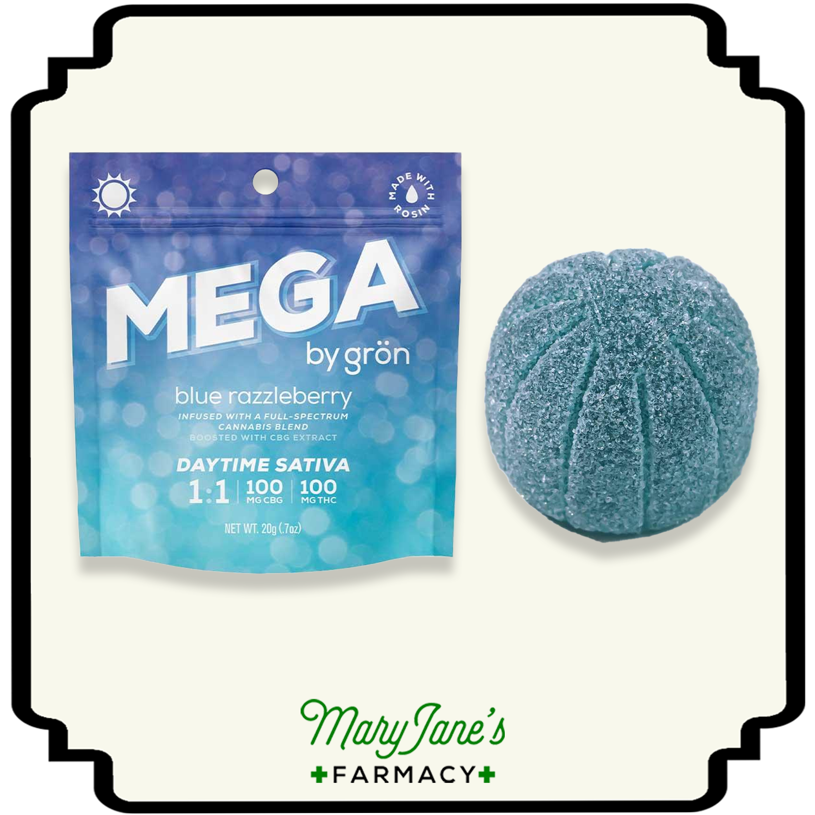 Photograph of product: Blue Razzleberry 1:1 CBG Mega Pearl | 100mg