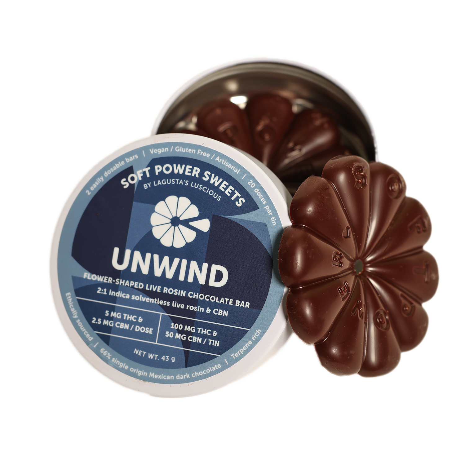 Photograph of Product: Unwind | Dark Chocolate Bar | Live Rosin | 5mg THC : 2.5mg CBN | 10 pieces