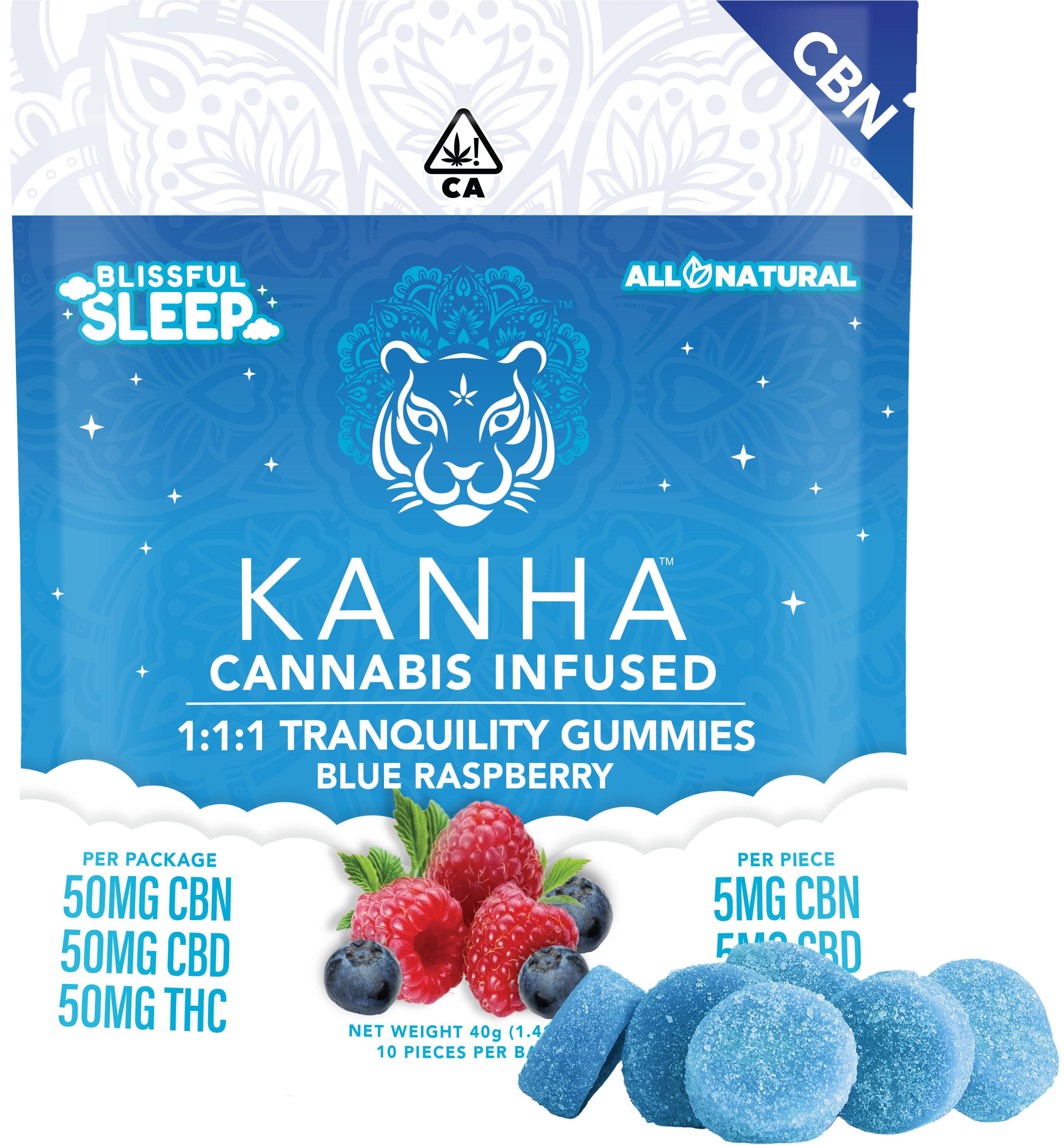 Photograph of product: Gummies - Blue Raspberry Tranquility Indica - 1:1:1 (THC:CBD:CBN) - 20 Pcs - 100mg