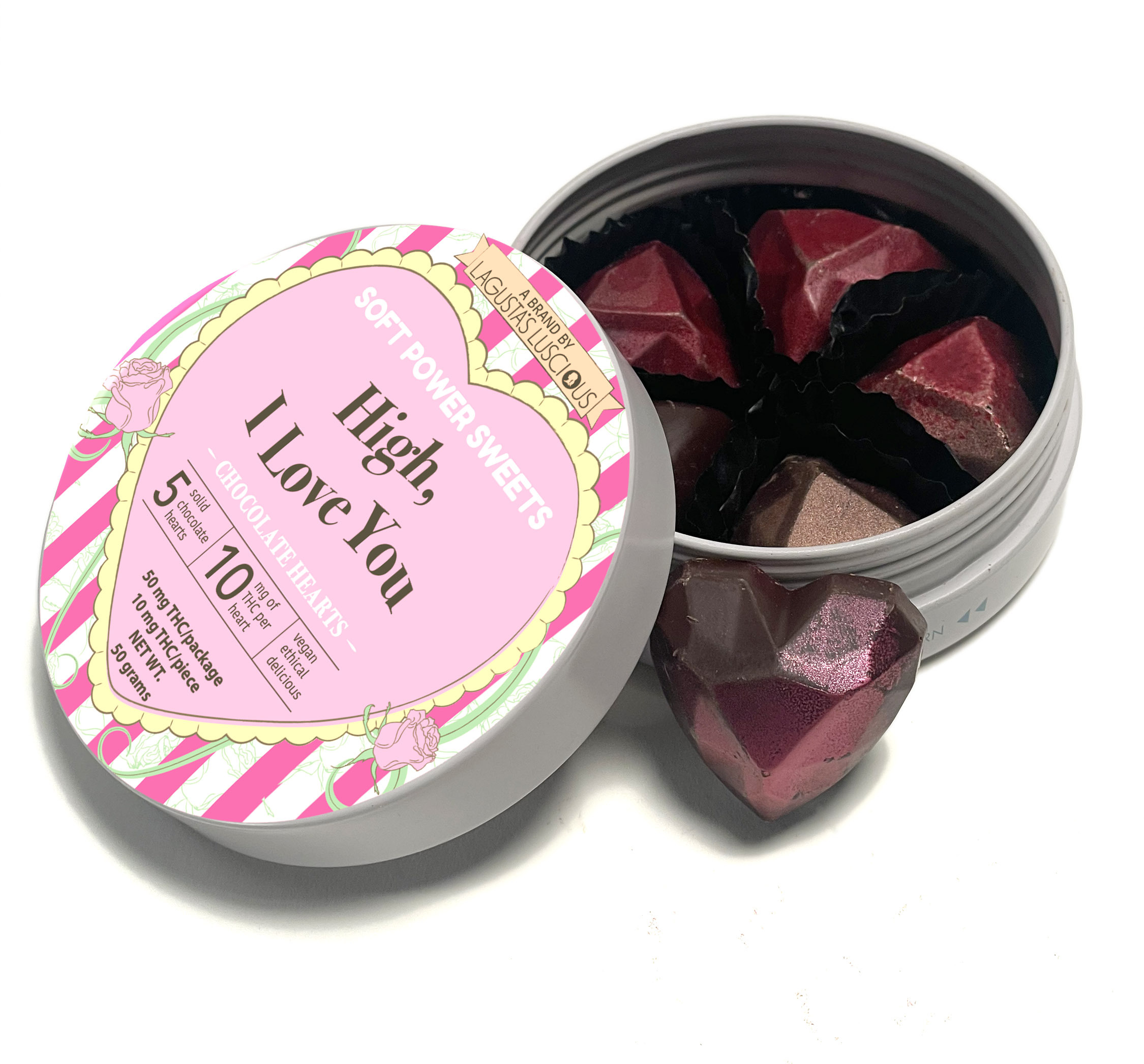 Photograph of product: Soft Power Sweets - "High I Love You" - 5ct Chocolate Hearts