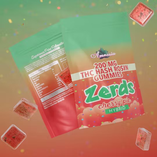 Photograph of product: Amnesia : Zerds Cherry Pie Gummies  au chocolat Rosin  200MG Gummies (5x40mg)