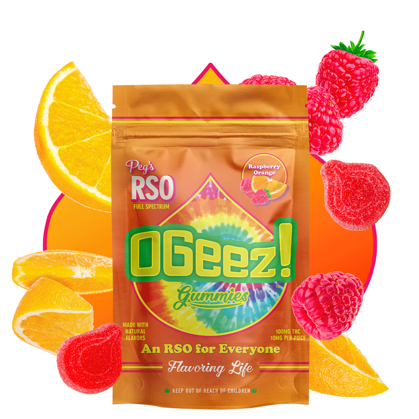 Photograph of product: OGeez! l Peg's Raspberry Orange RSO Gummies l 10pk l 100mg