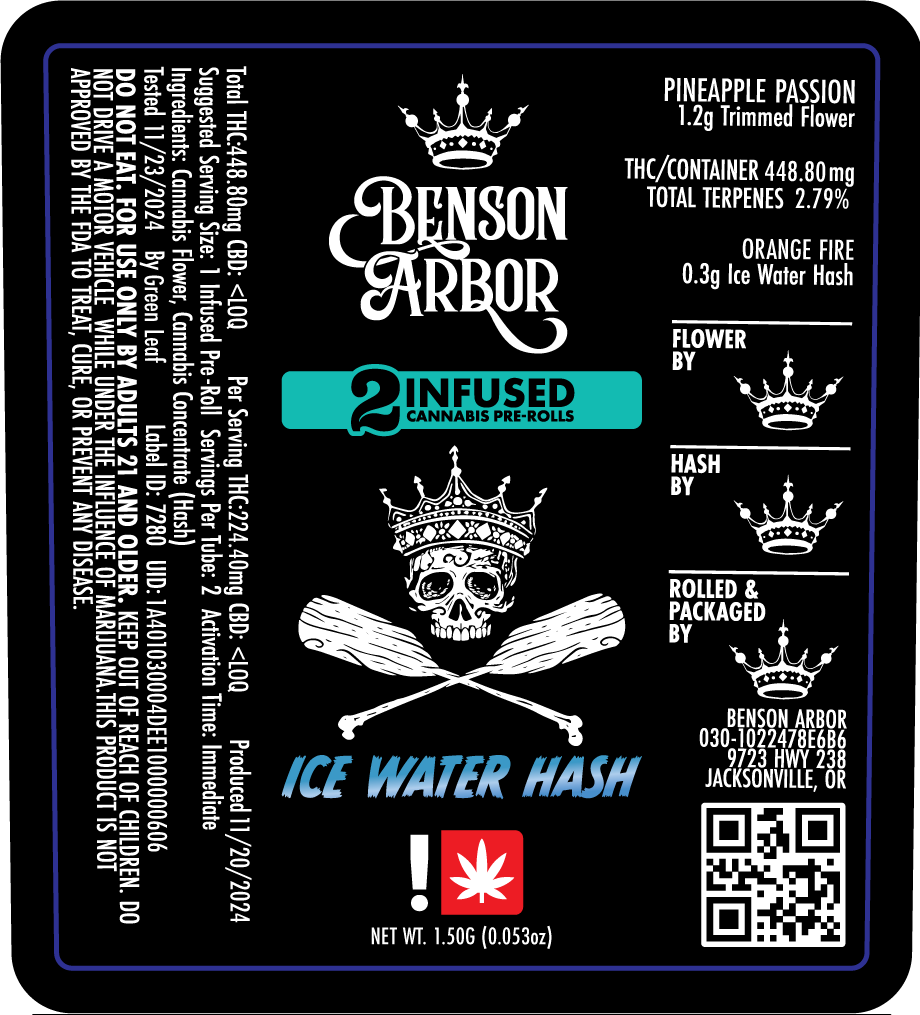 Photograph of product: Benson Arbor - Pineapple Passion Ice au chocolat Infused Pre-Roll 2pk (I)