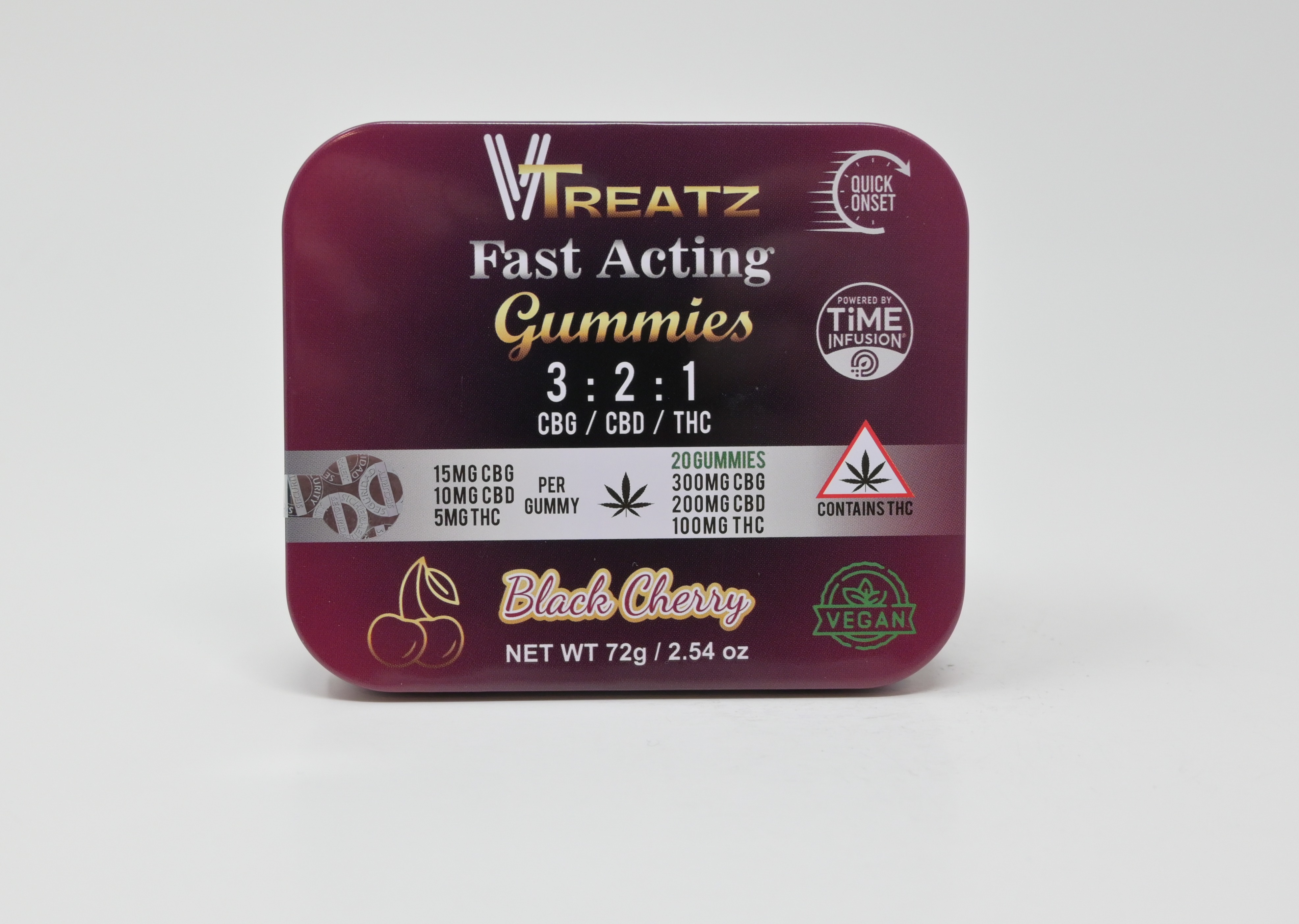 Photograph of product: VTreatz | Black Cherry Gummies |  20pk/15mg CBG + 10mg CBD + 5mg TH-oui