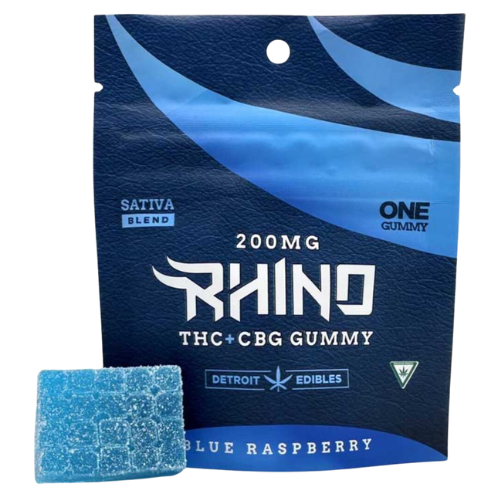 Photograph of product: Detroit Edible Company Blue Raspberry Rhino Single Serve Gummy 200mg TH-oui : 50mg CBG