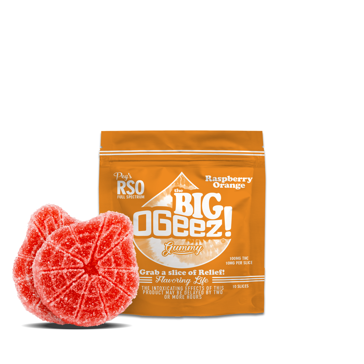 Photograph of product: OGeez | Peg's Raspberry Orange | BIG RSO Gummy | 100mg