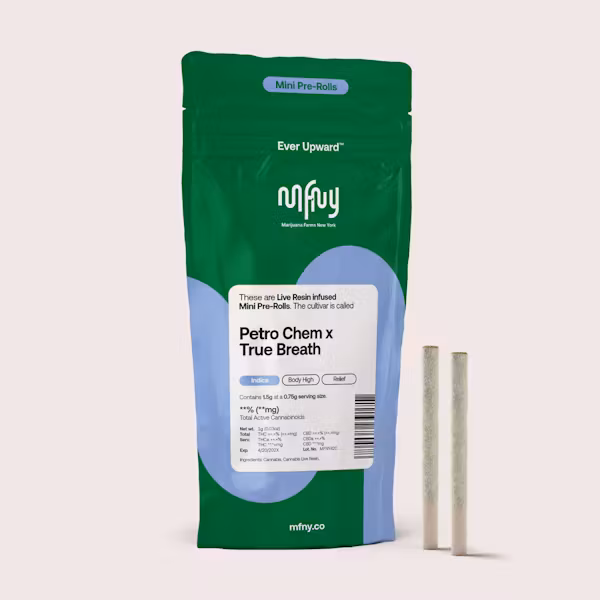 Photograph of product: MFNY Petro Chem x True Breath Live Resin Infused Mini Pre-Rolls 2pk