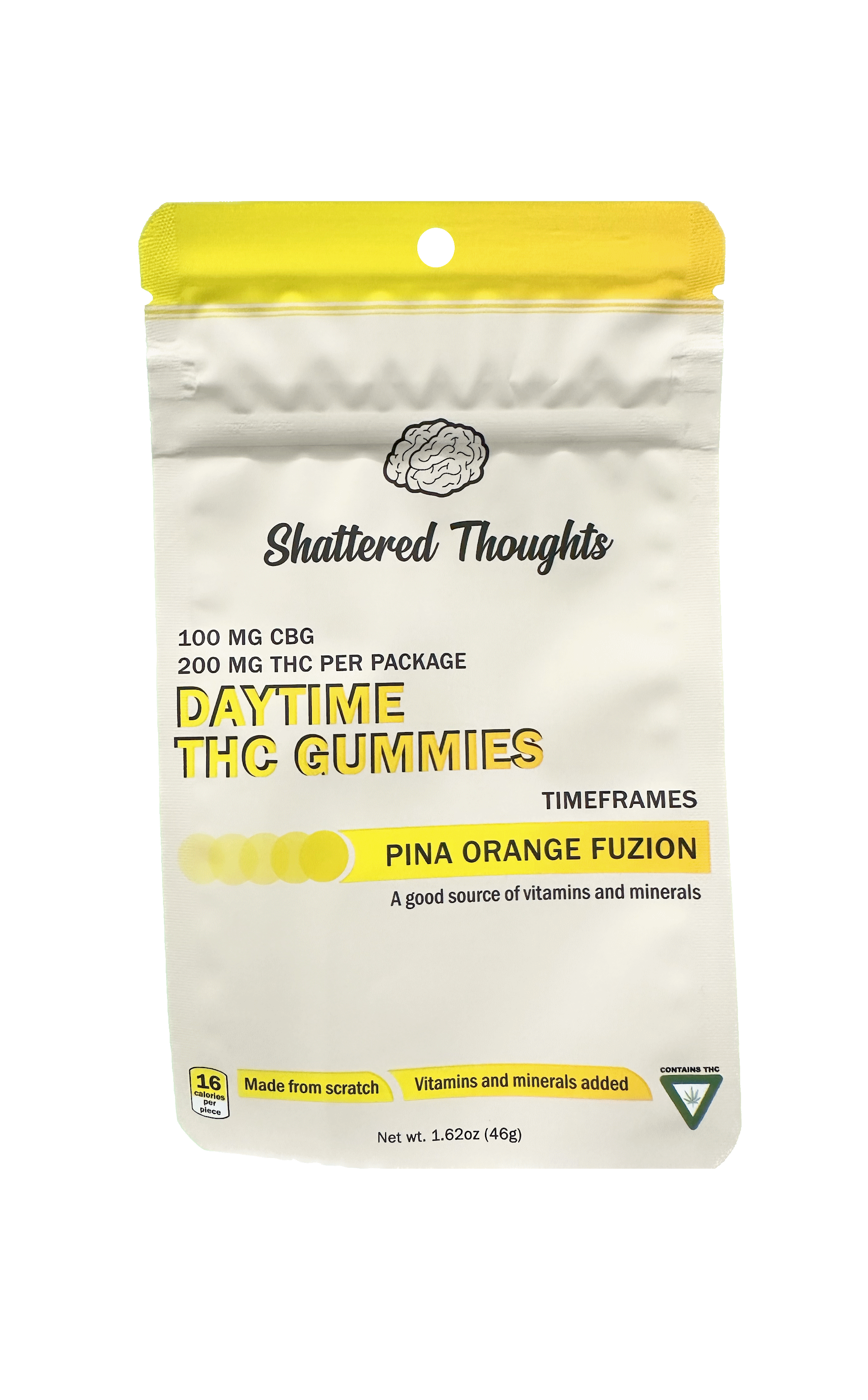 Photograph of product: Shattered Thoughts   Daytime Pina Orange Fuzion Gummies   200mg TH-oui 100mg CBG