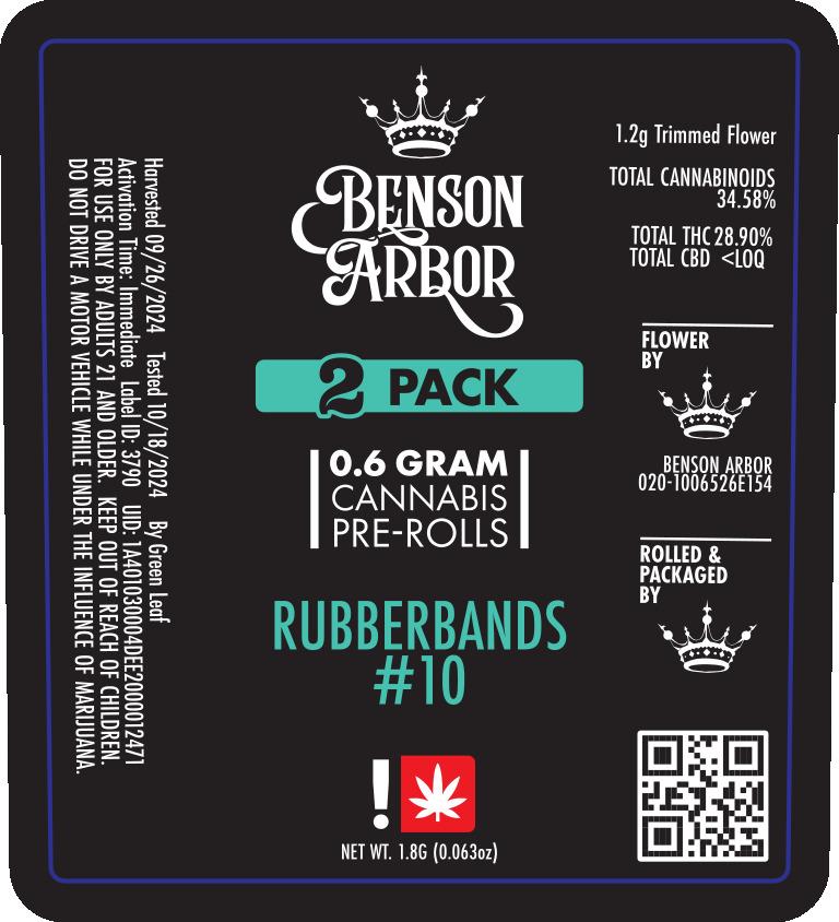 Photograph of product: Benson Arbor - Rubberbands #10 Pre-Roll 2pk (H)