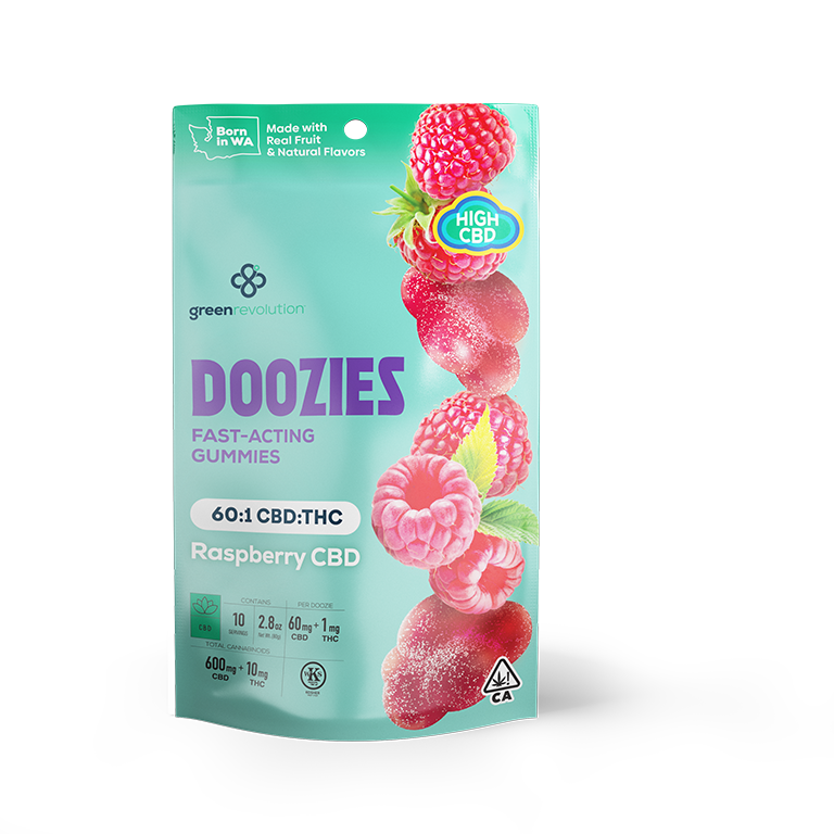 Photograph of product: Green Revolution | Gummies | Doozies | Raspberry CBD | 10 Pack | 100Mg | Hybrid