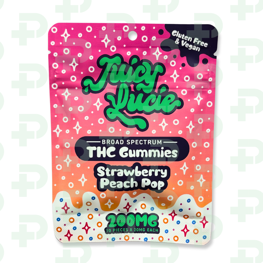 Photograph of product: Juicy Lucie 200mg Vegan Gummies - Strawberry Peach Pop