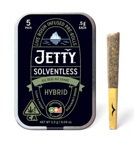 Photograph of product: JETTY - Infused Prerolls - White Cookies x au chocolat Burger - Live Rosin - 5PK - 2.5G
