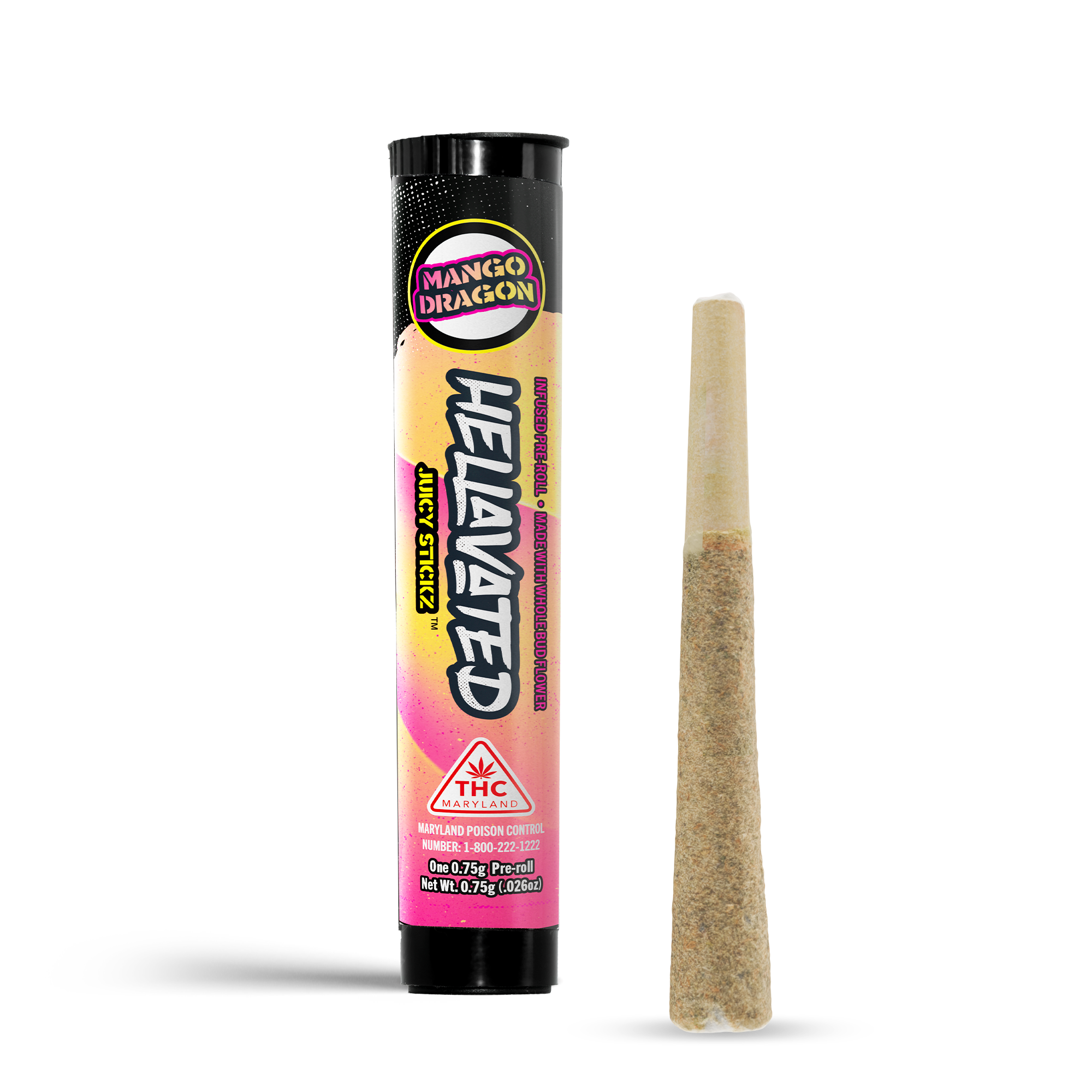 Photograph of Product: Hellavated Juicy Stickz Mango Dragon Infused Pre-Roll 0.75g
