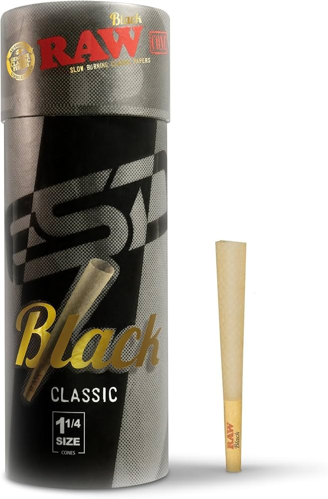 Photograph of product: RAW | Black Ultra Thin Pre-Rolled 1 .25 Size Cones - 50Pc