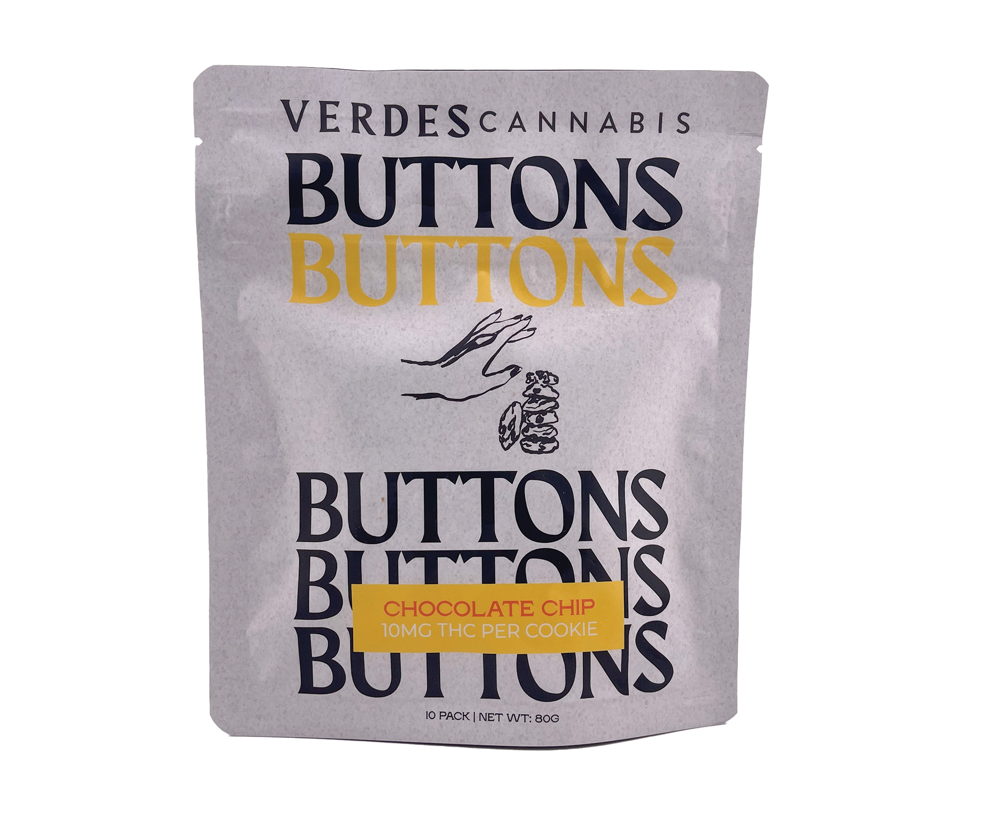 Photograph of product: Buttons Uplifting Chocolate Chip 10mg 10 Pack
