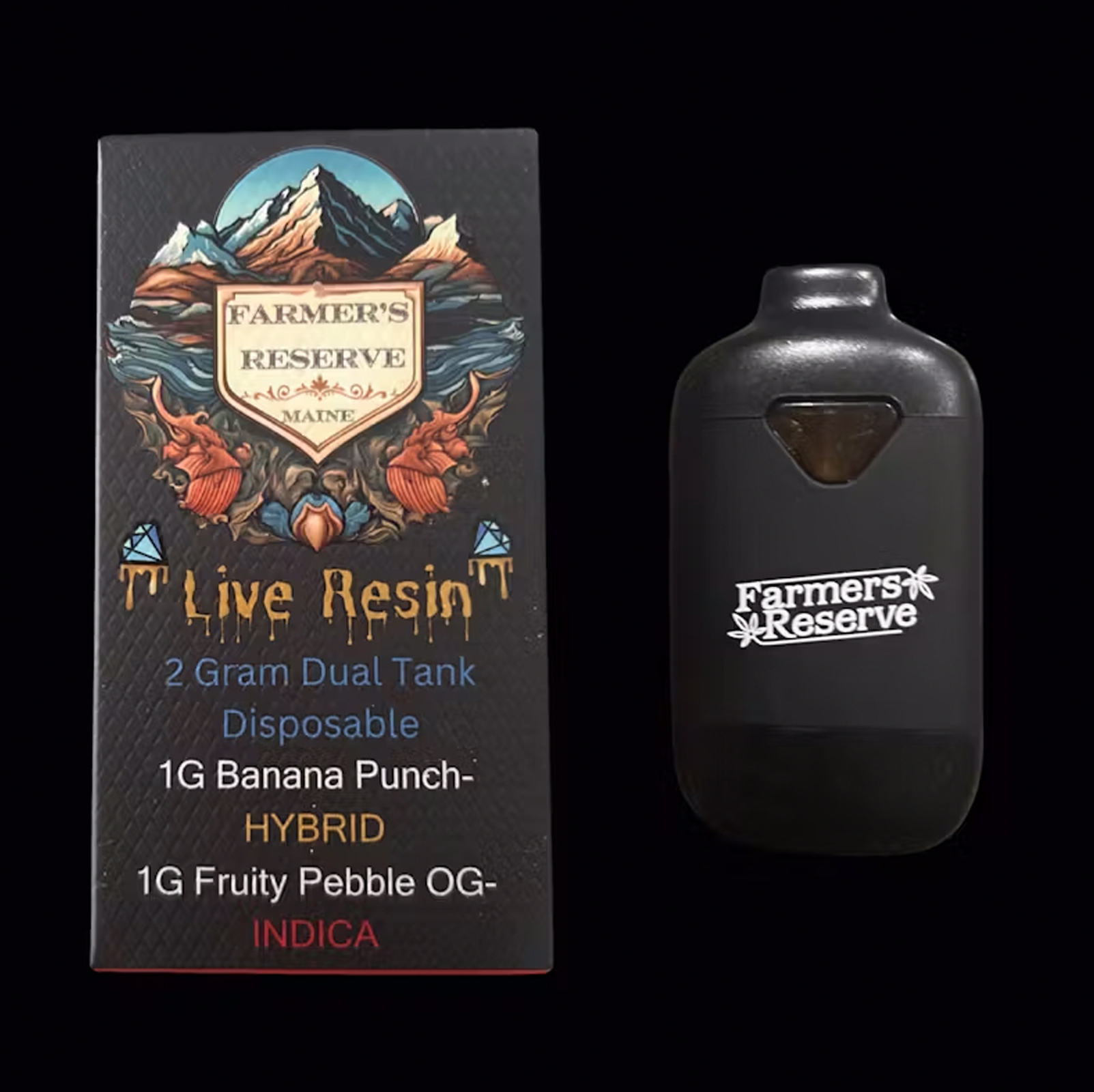 Photograph of product: Farmers Reserve Live Resin Dual Tank Disposable Cart. Banana Punch x Fruity Pebbles 2 G