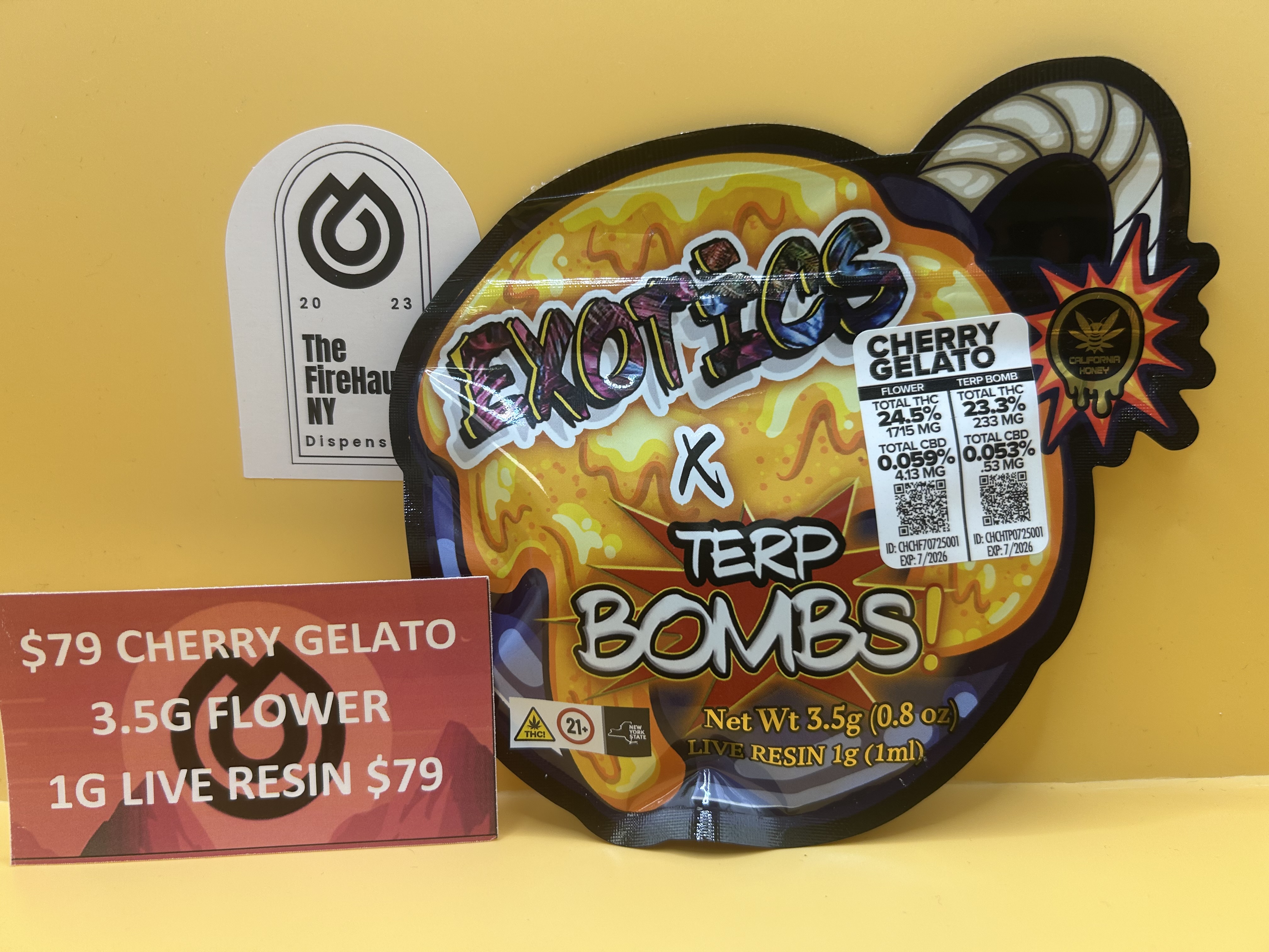 Photograph of product: CALI HONEY I EXOTICS X TERP BOMBS I CHERRY GELATO I HYBRID | 3.5G FLOWER/1G LIVE RESIN