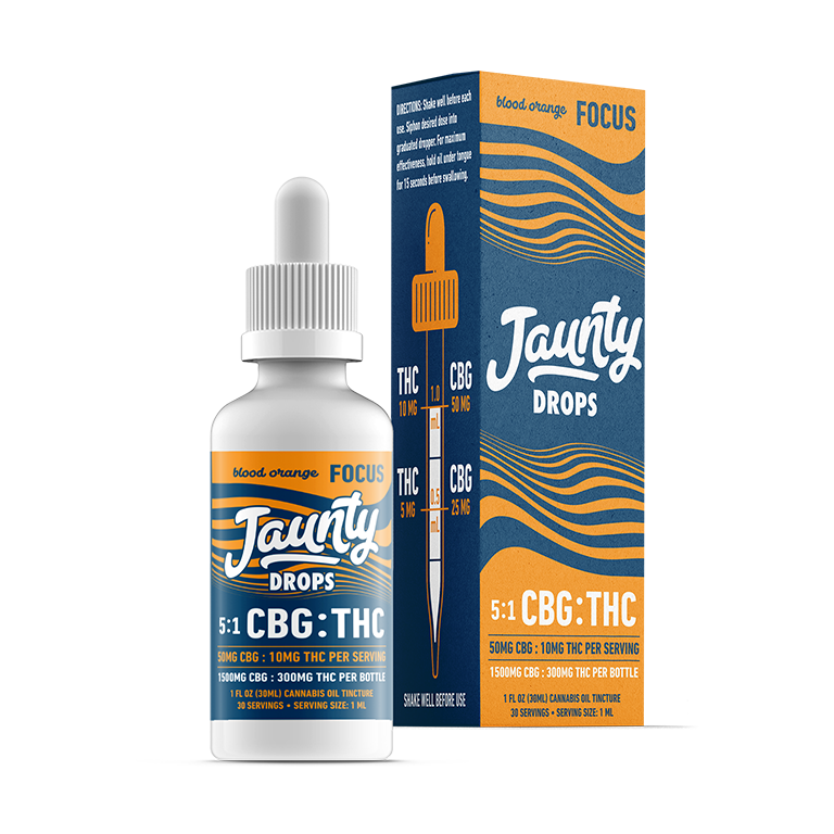 Photograph of product: Jaunty | Tincture | Focus | Blood Orange | 5:1 | CBG:TH-oui | 300mg | Oui'd