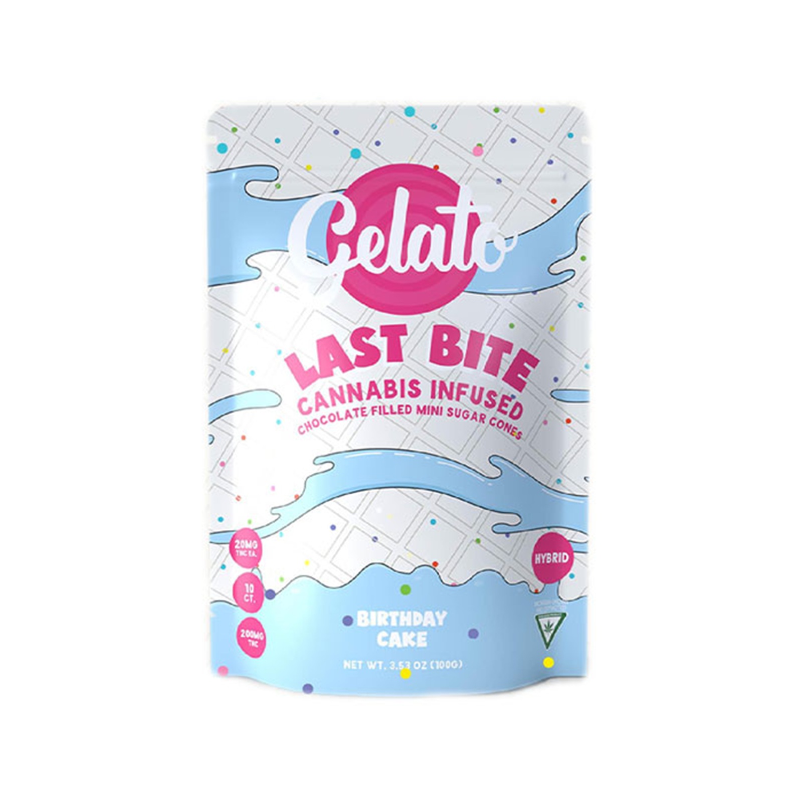 Photograph of product: GELATO | LAST BITE CONE | BIRTHDAY CAKE | HYBRID | CHOCOLATE | 200MG | REC