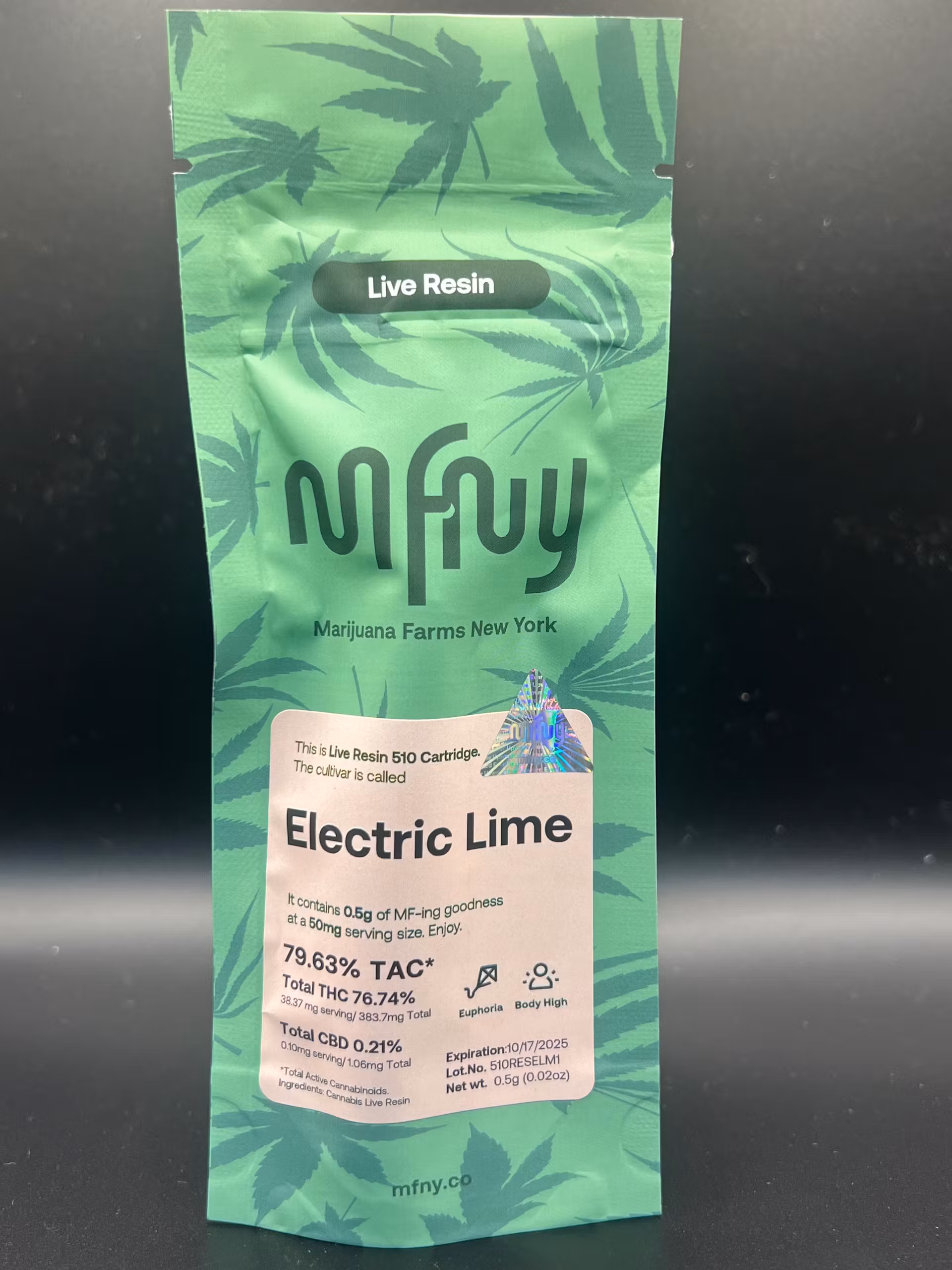 Photograph of product: MFNY .5g Live Resin Vape Cart- Electric Lime