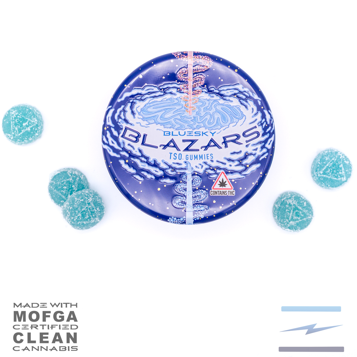Photograph of product: Blazars TSO Gummies 200mg Sour Blue Razz W/ Apples and Bananas TSO