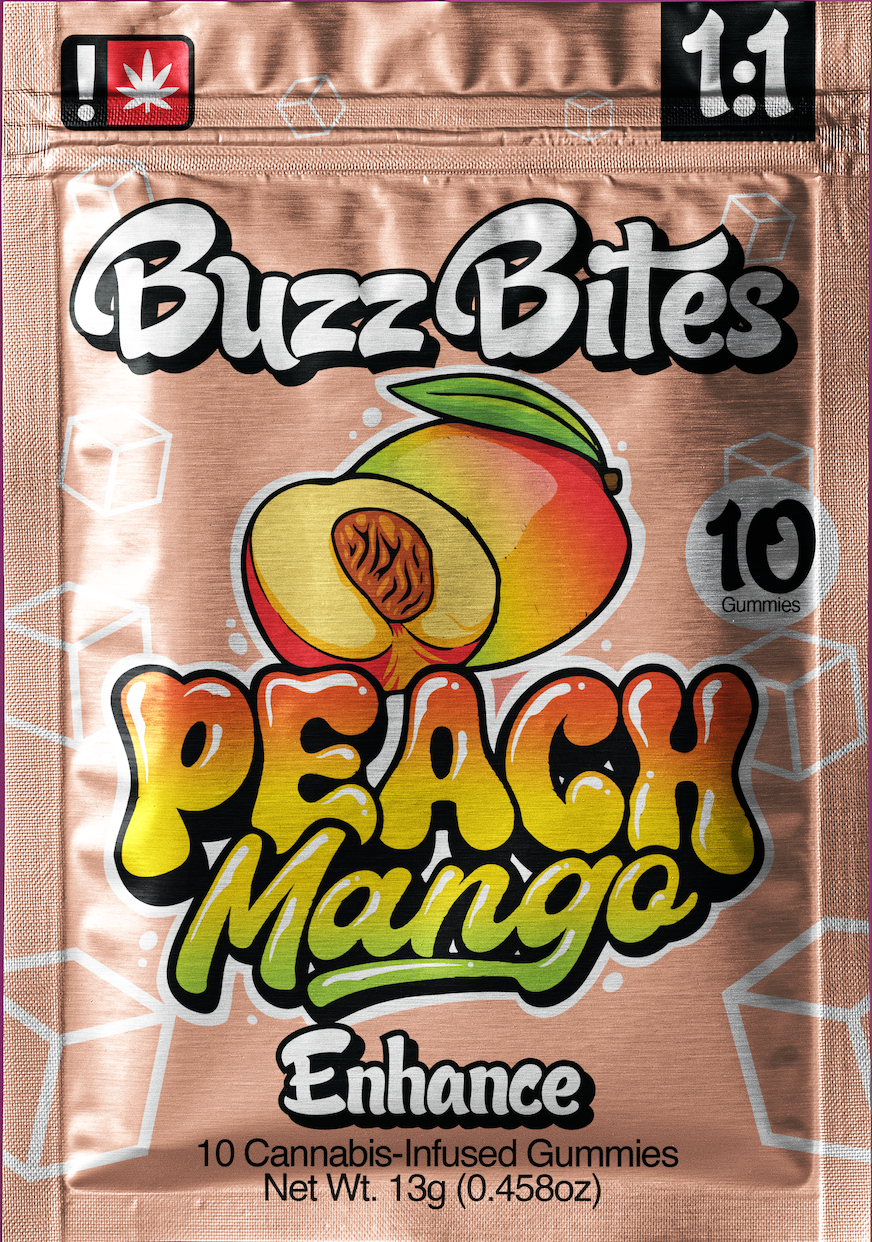 Photograph of product: Buzz Bites Peach Mango Enhance 1:1 Gummies 100mg 10 Piece (Oui'd 1:1)