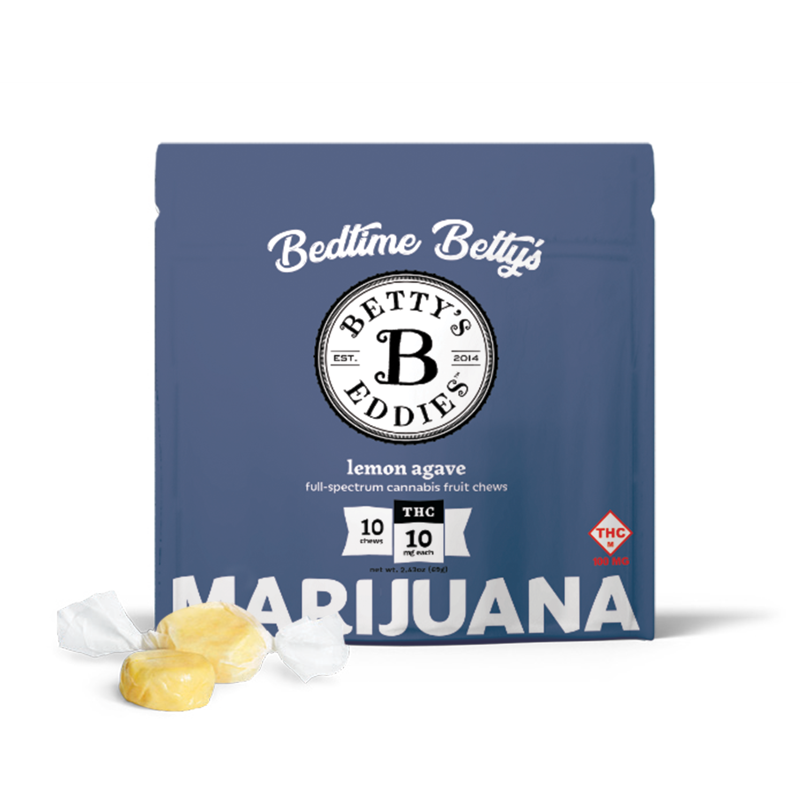 Photograph of product: BEDTIME BETTY'S - LEMON AGAVE TAFFY 100 MG 10 PK