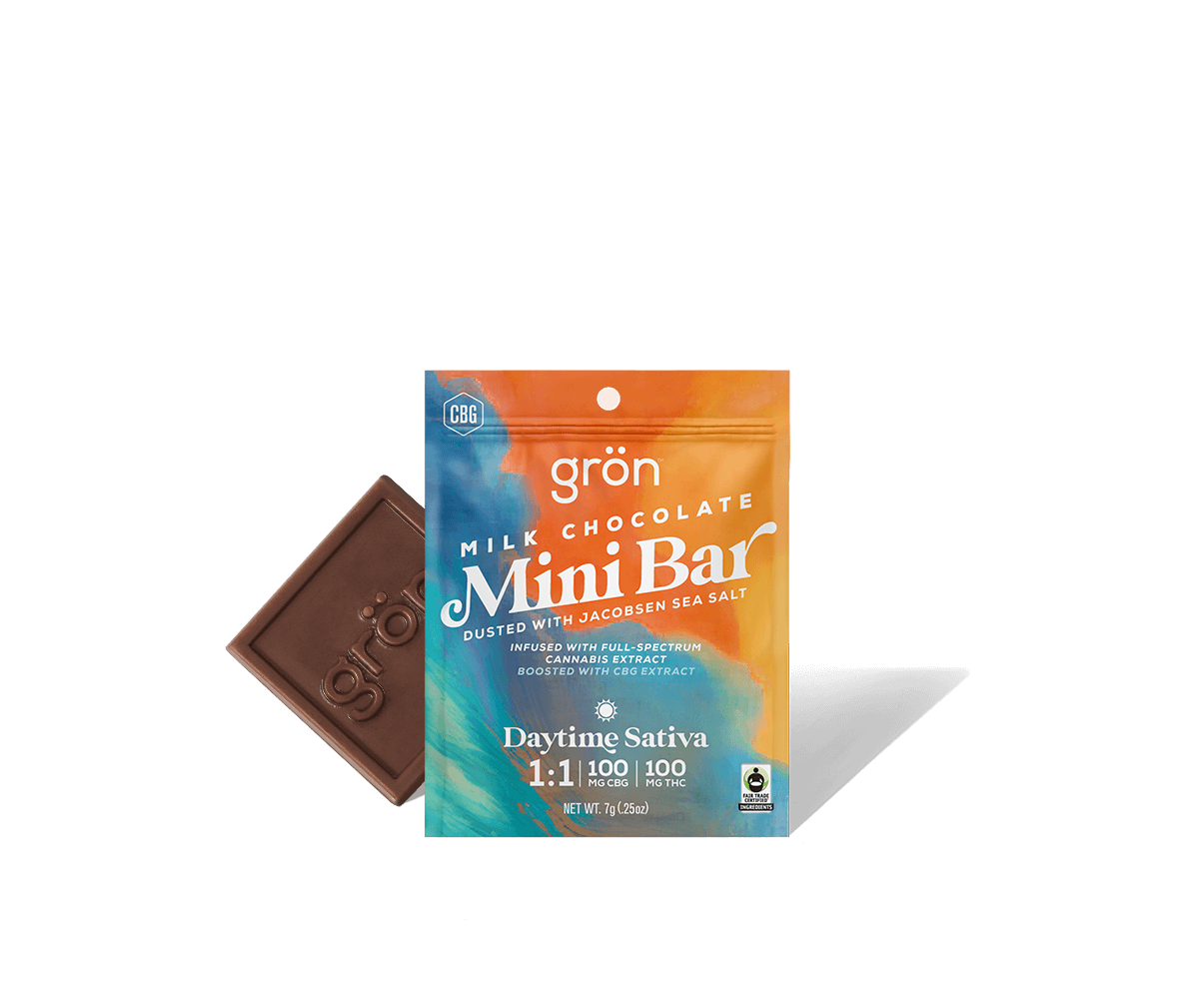 Photograph of product: Grn | Mini Bar 1:1 (CBG:TH-oui) Milk Chocolate - Daytime Oui'd, 100mg
