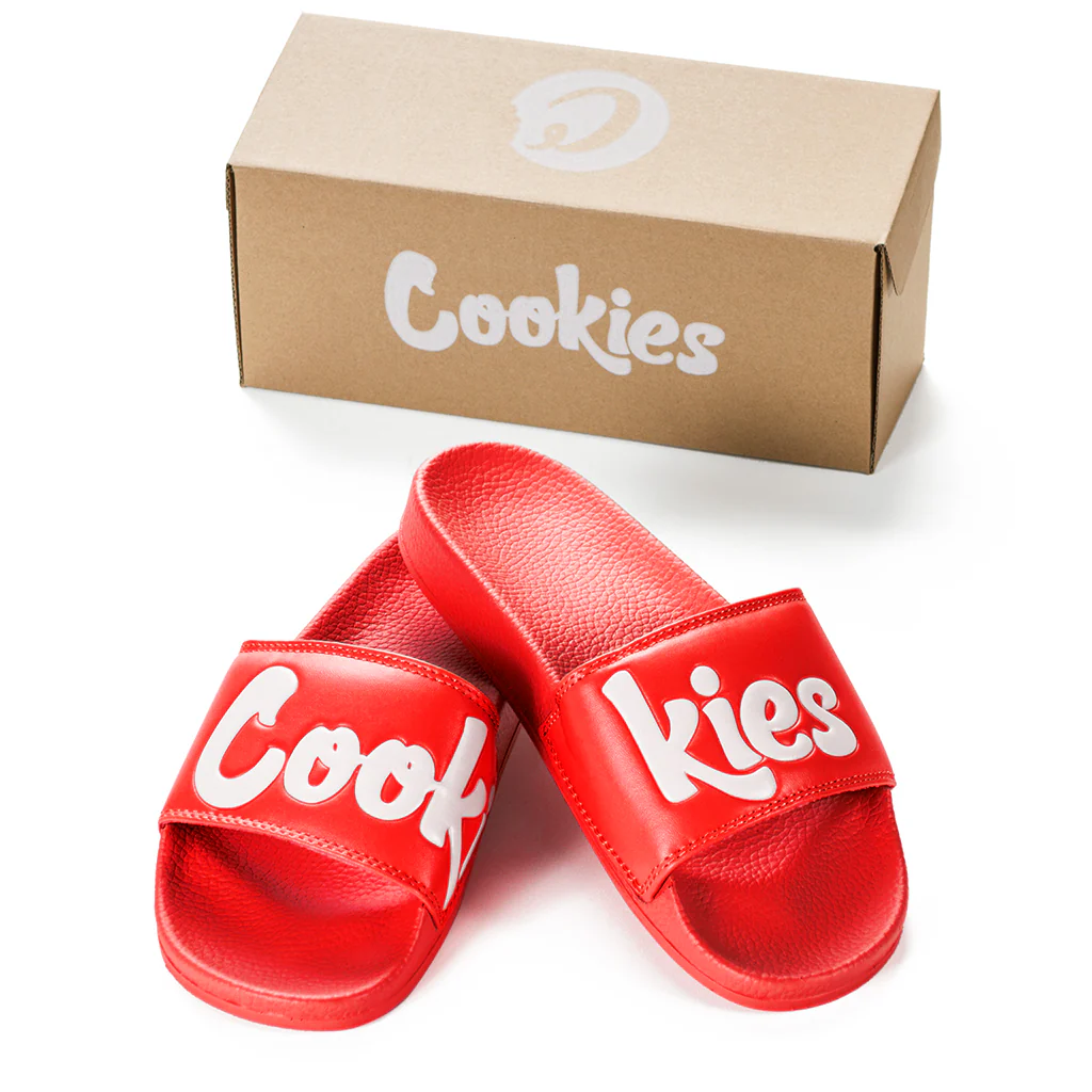 Photograph of product: COOKIES ORIGINAL MINT LOGO FAUX LEATHER (PU) SLIDES - RED
