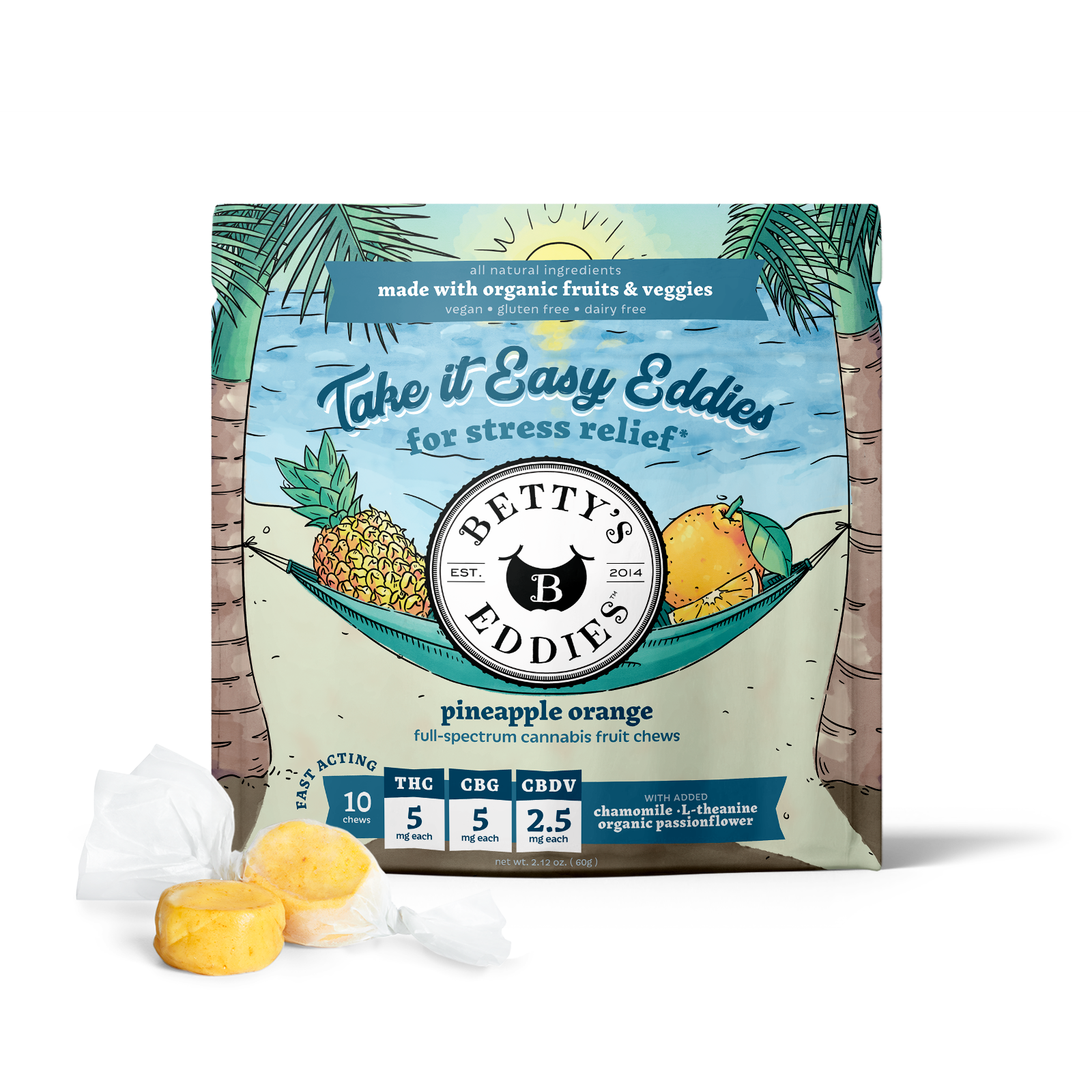 Photograph of product: Betty's Take It Easy TH-oui/CBG/CBDV Pineapple Orange Chews - 10pk (50mg) **Fast Acting**