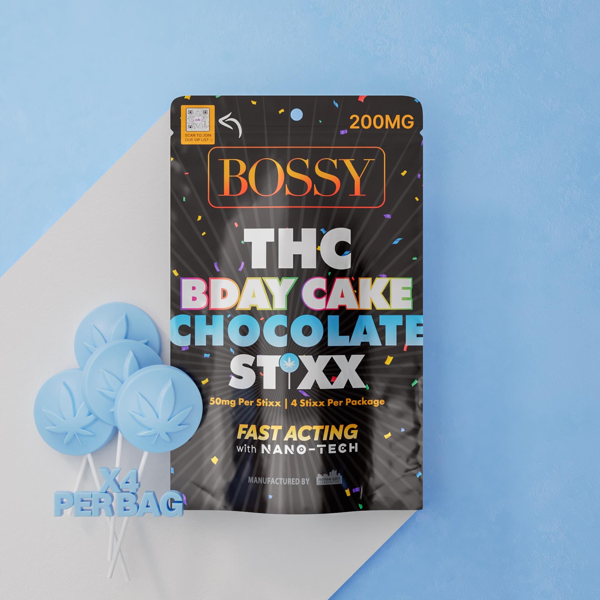 Photograph of product: Bossy - 200mg Chocolate Suckers - BDay Cake