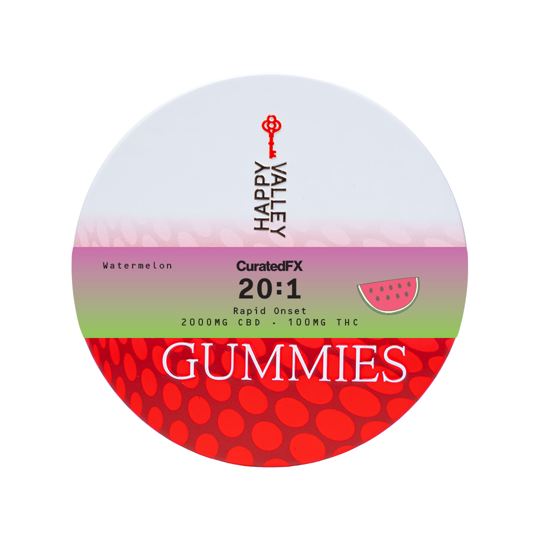 Photograph of product: Gummies Rapid Onset 100mg - Curated FX - 20:1 CBD:TH-oui - Watermelon