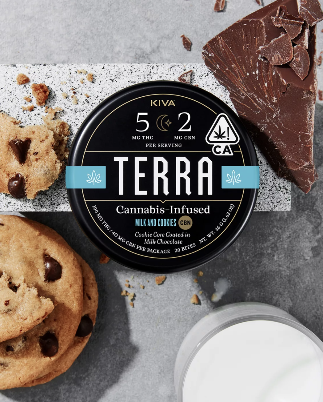 Photograph of product: KIVA MILK AND COOKIES 5:2 CBN TERRA BITES 20PK 100MG