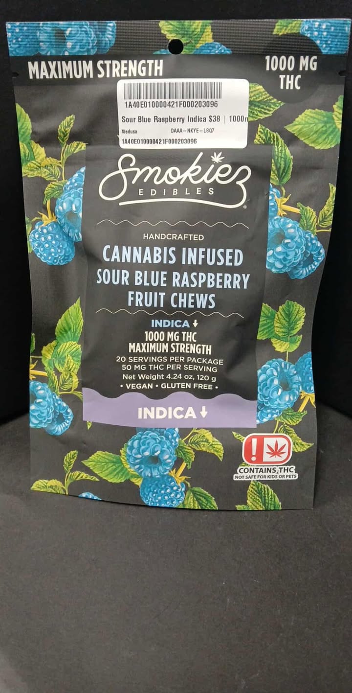 Photograph of product: Sour Blue Raspberry Oui'd $38 Smokiez Gummies