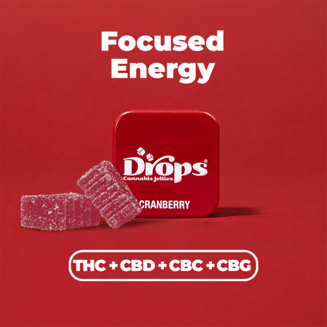 Photograph of product: Drops Singles Cranberry 1:1:1:1 TH-oui:CBD:CBG:CBC Gummies