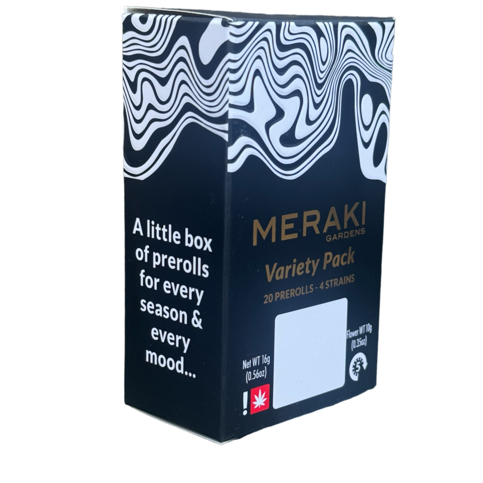 Photograph of product: Meraki > Pre Roll 20Pk x 0.5g > Variety > 33rd Degree (H) / Bandz (I) / Blueberry Headband (S) / Sherbanger (H)