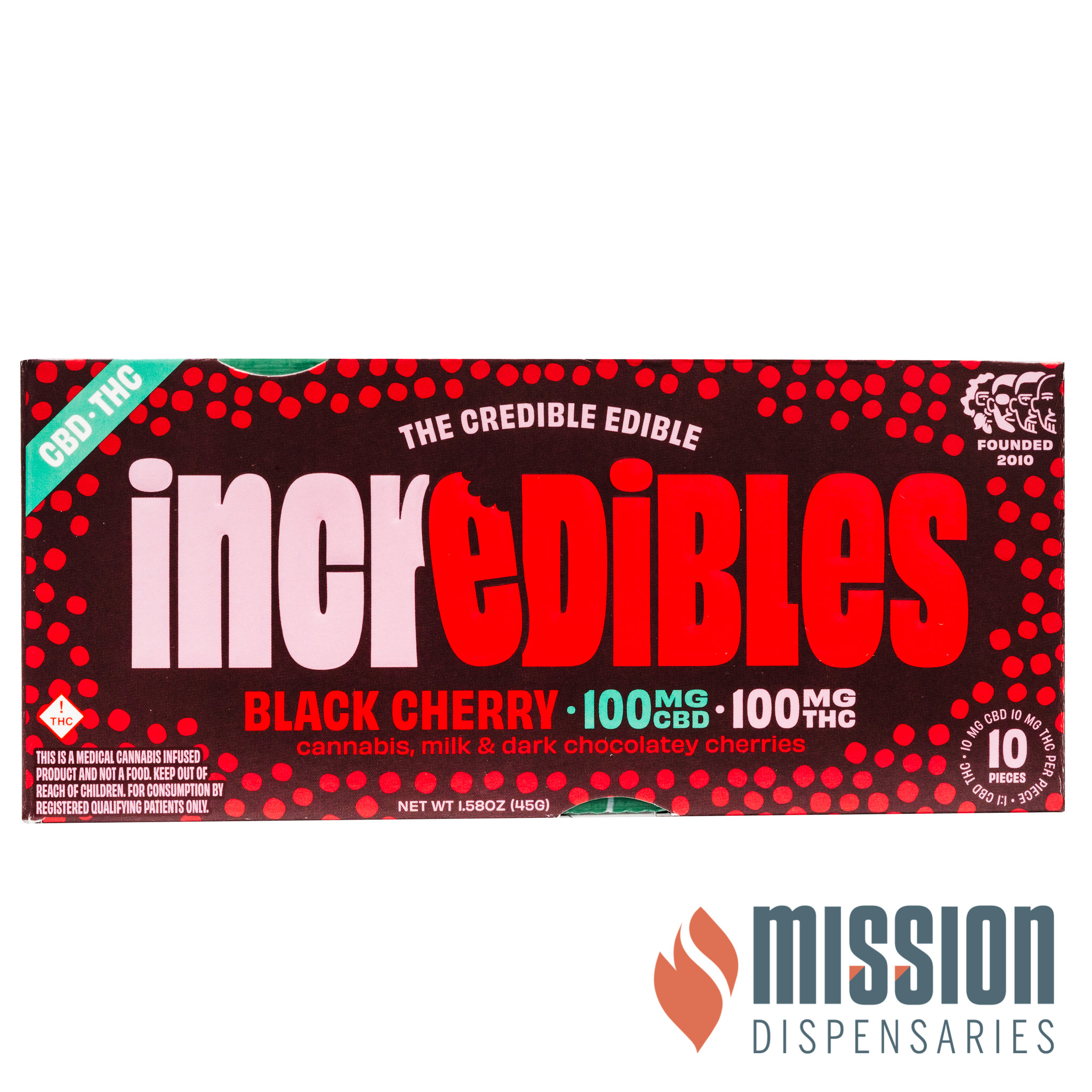 Photograph of product: Chocolate Bar | Incredibles | Black Cherry [1:1 CBD/TH-oui][10pc]
