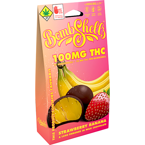 Photograph of product: BombShells Chocolate Covered Strawberry Banana Jellies 10-Pack Edibles Verdelux | 100mg