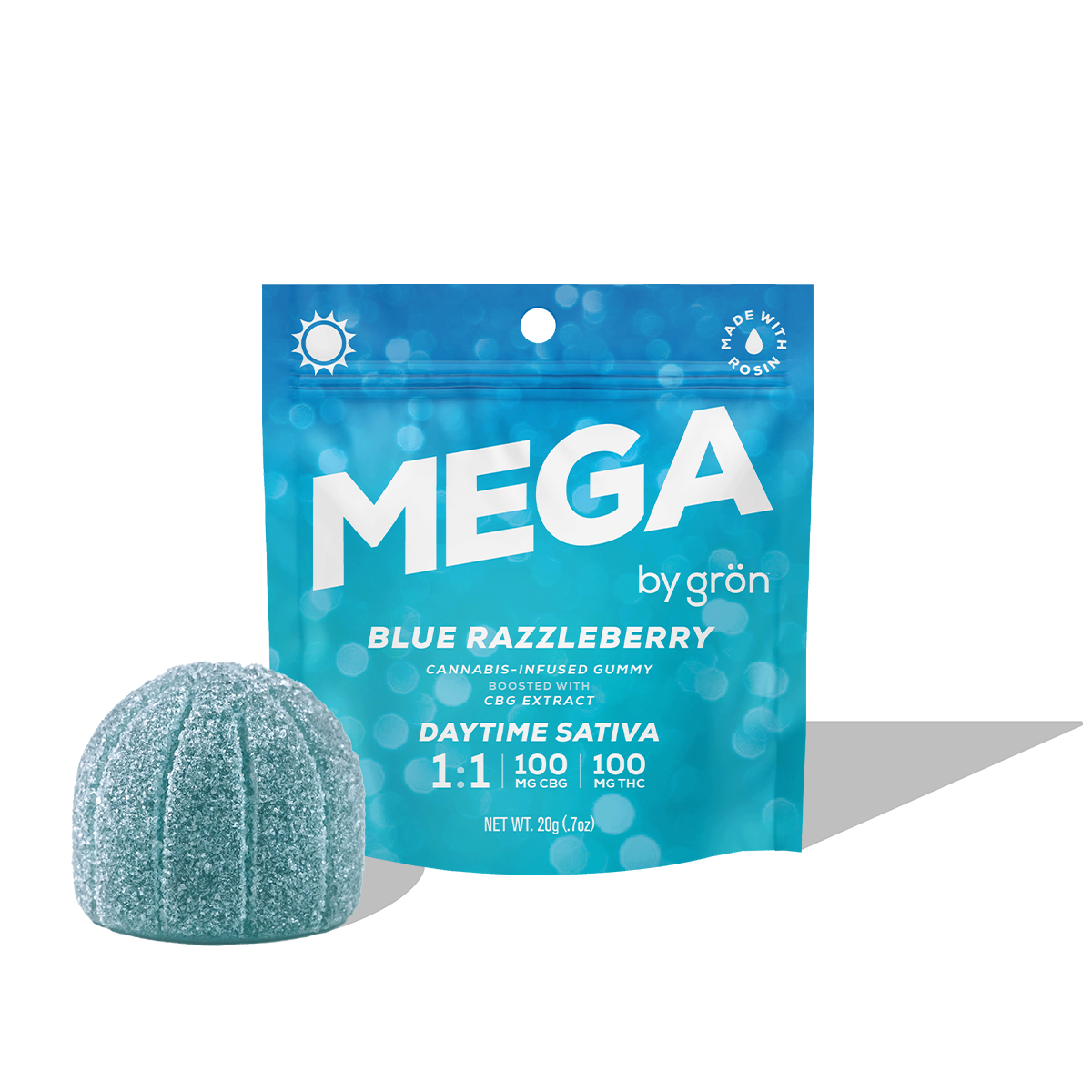 Photograph of product: MEGA - Blue Razzleberry 1:1 CBG / TH-oui - Daytime Oui'd 100MG