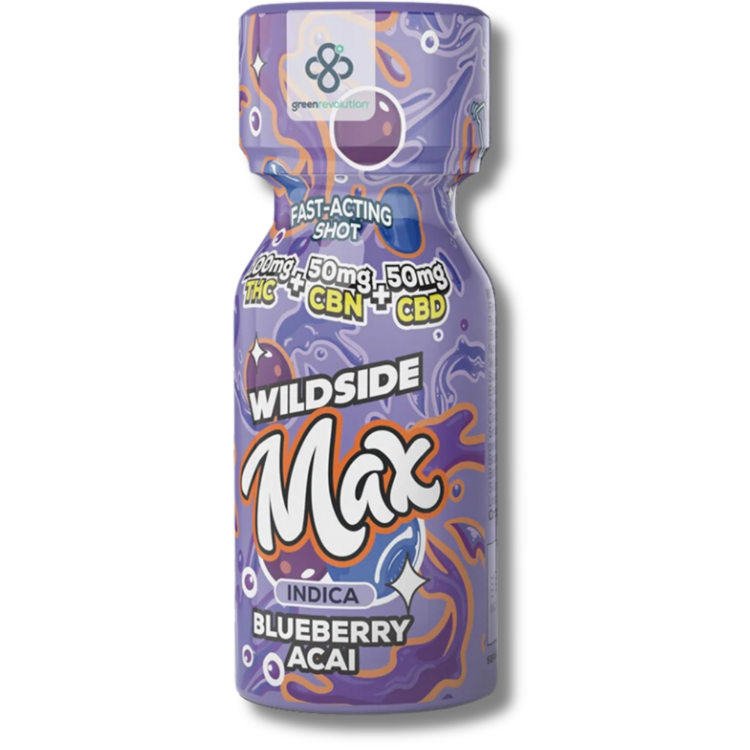 Photograph of Product: Blueberry Acai Indica Fast-Acting Wildside Max Shot 2:1:1 CBN 200mg Infused Beverage Shot Liquid Edible (2oz)