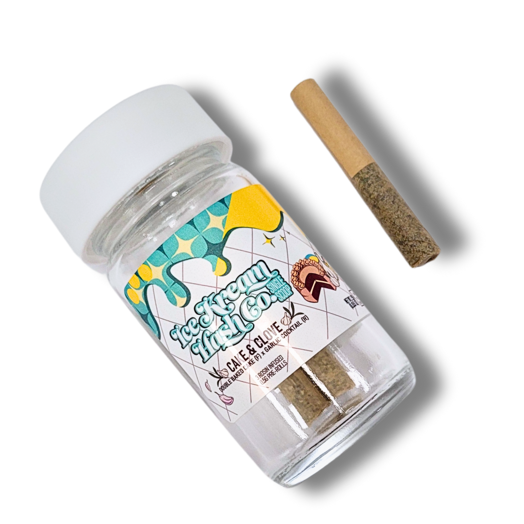 Photograph of product: 0.5G CAKE & CLOVE ROSIN INFUSED PRE-ROLL 3-PACK