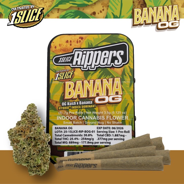 Photograph of product: 1 Slice - Banana OG - 5pk Pre Rolls