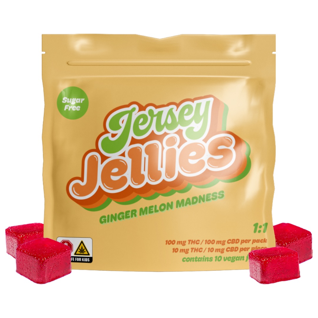 Photograph of product: Jersey Jellies | Gummies | Ginger Melon Madness (SF) | 1 TH-oui : 1 CBD | 10pk/100mg