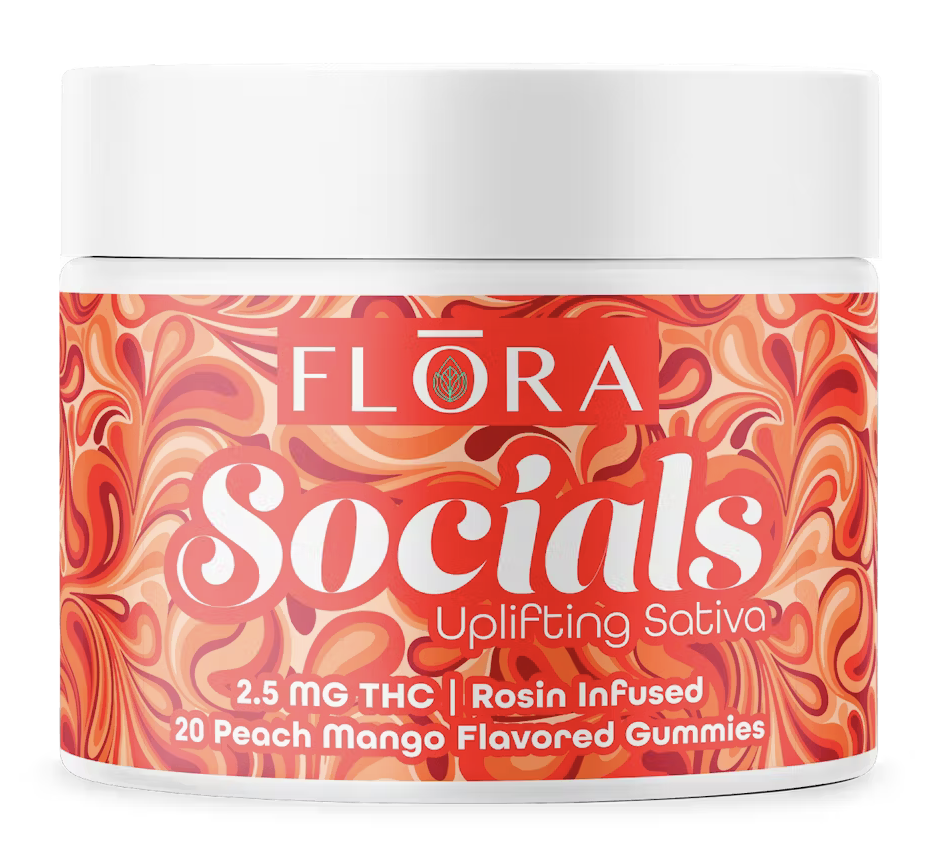 Photograph of product: Flora - Socials Rosin Gummies Oui'd Peach-Mango - 20x - 2.5mg TH-oui