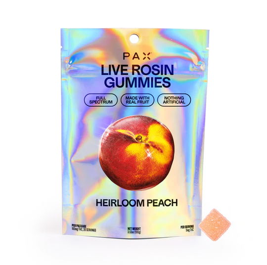 Photograph of product: Pax Heirloom Peach Live Rosin Gummies 5mg 20pc