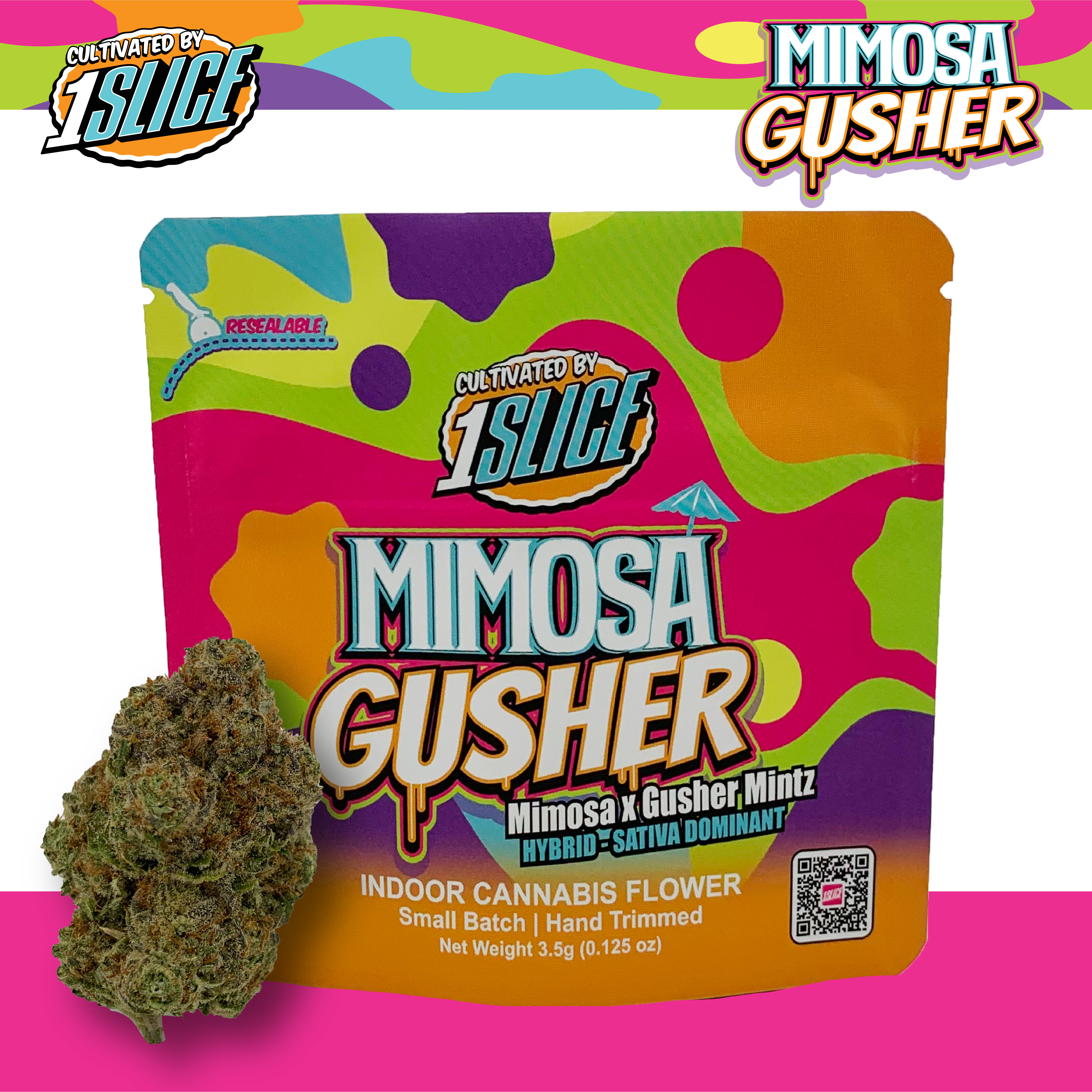 Photograph of product: 1 Slice - Mimosa Gusher - Flower - 3.5g