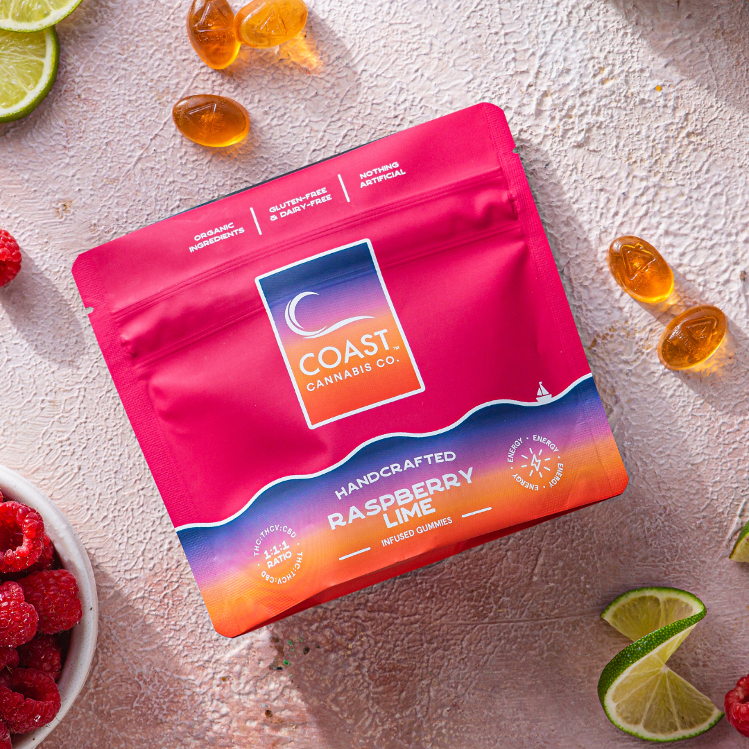 Photograph of Product: ENERGY | Raspberry Lime Gummies | 5mg THCV:5mg CBD: 5mg THC 100mg