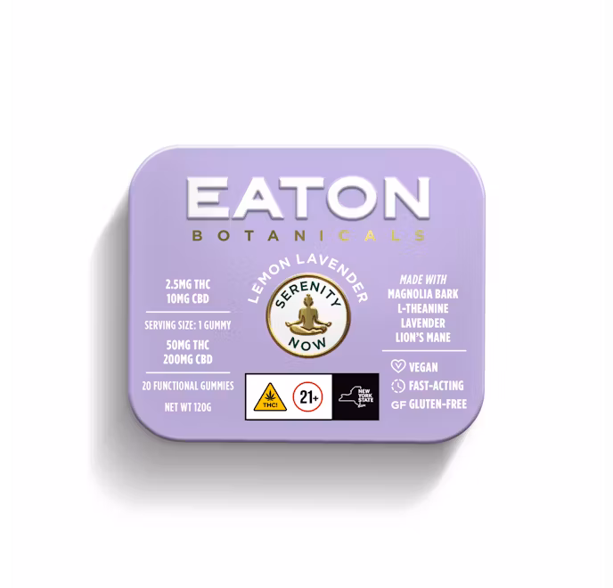 Photograph of product: Eaton Botanicals "Serenity Now" Lemon Lavender 2.5mg TH-oui, 10mg CBD, 35mg LION'S MANE each 20pk